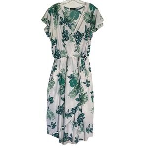 Scobe Dress Womens 1X White Green Tropical Leaf Faux Wrap Summer Lightweight Fun